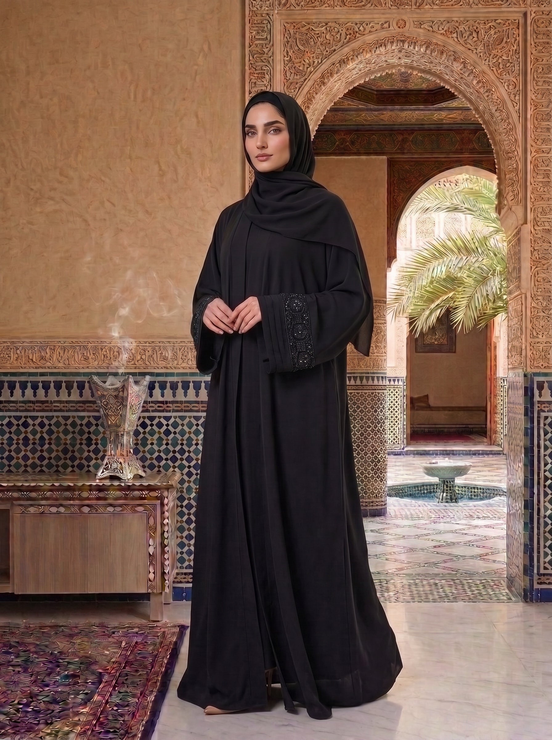 Classic Black Sequin-Cuff Abaya